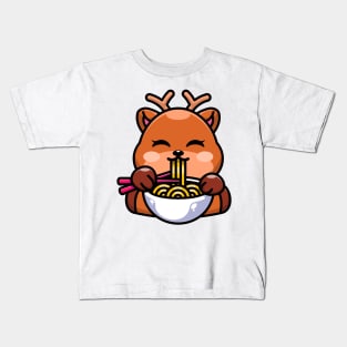 Cute deer eating ramen with chopstick cartoon Kids T-Shirt